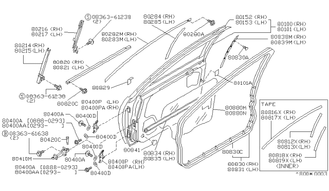 1989 Nissan Maxima WEATHERSTRIP Front Door LH Diagram for 80831-85E00