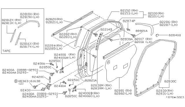 1993 Nissan Maxima Moulding-Rear Door Sash,Front LH Diagram for 82283-86E00