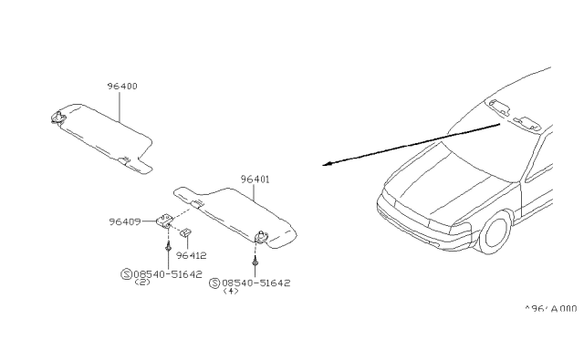 1994 Nissan Maxima Left Sun Visor Assembly Diagram for 96401-7E002