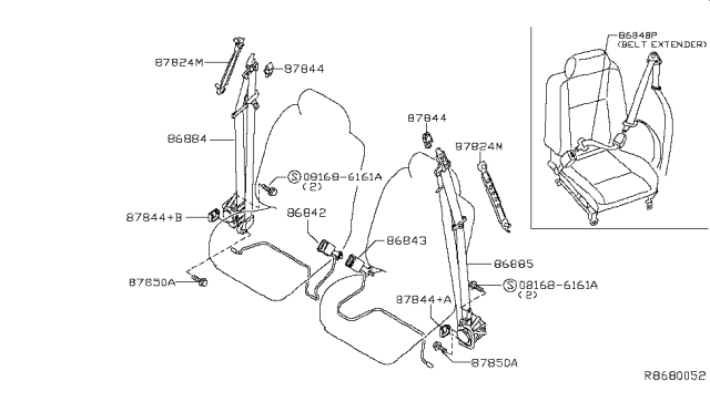 2016 Nissan Frontier Tongue Belt Assembly, Pretension Front Right Diagram for 86884-ZZ78C