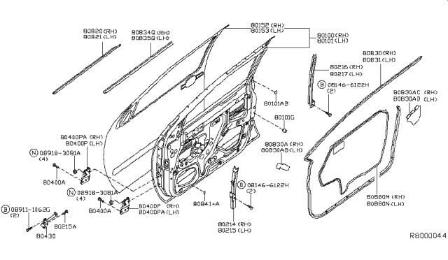 2010 Nissan Frontier Front Door Panel & Fitting Diagram 1