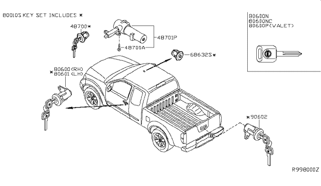 2005 Nissan Frontier Key Set-Cylinder Lock Diagram for K9810-EB015