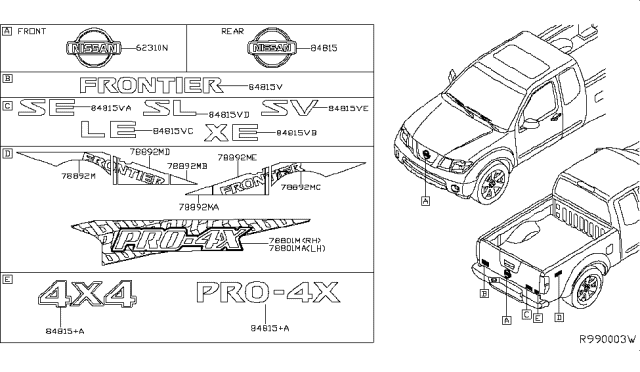 2012 Nissan Frontier Emblem, Tailgate Diagram for 90890-9BF0A