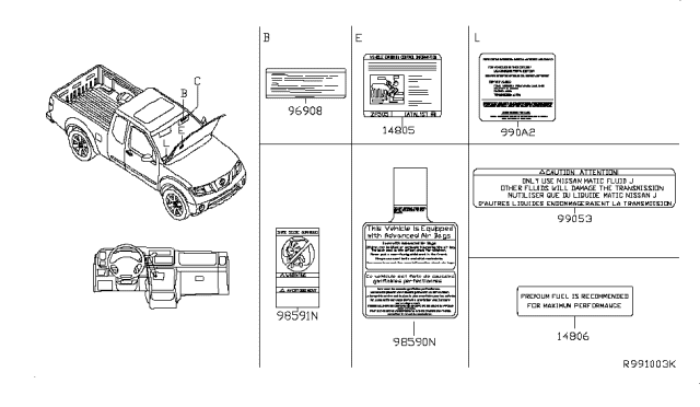 2011 Nissan Frontier Label-Parts Content Diagram for 990A2-9BA0A