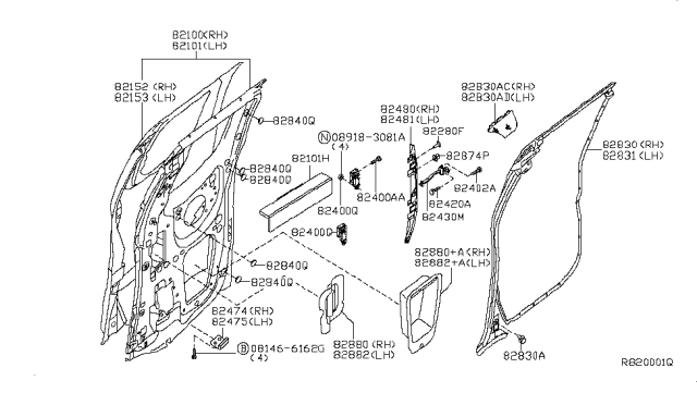 2008 Nissan Frontier Seal Rear Door Diagram for 82860-ZS00B