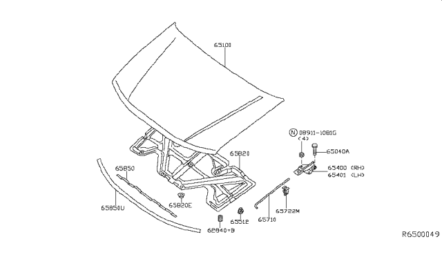 2018 Nissan Frontier Hood Assembly Diagram for 65100-9BP0A