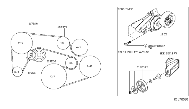2009 Nissan Frontier PULLEY Assembly-IDLER (GROOVED) Diagram for 11925-EA000