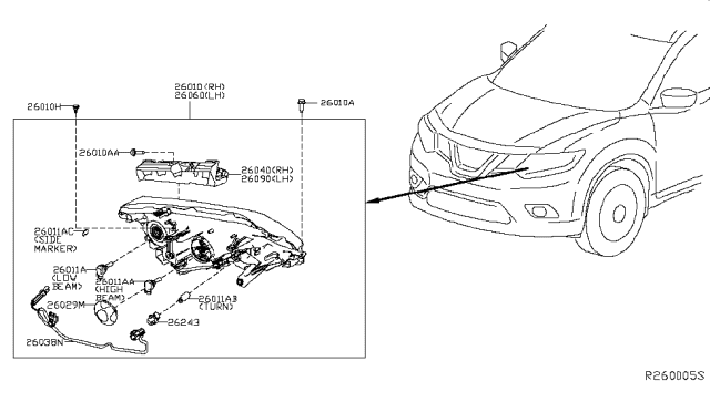 2019 Nissan Rogue Driver Side Headlight Assembly Diagram for 26060-6FL7A