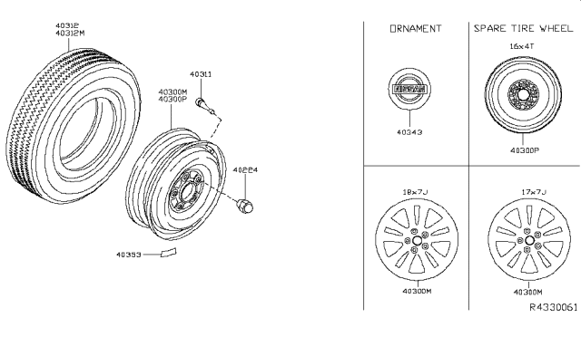 2017 Nissan Rogue Spare Tire Wheel Assembly Diagram for 40300-9TG0A