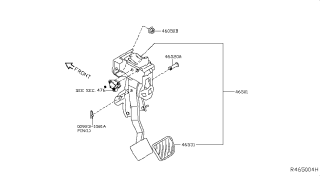 2017 Nissan Rogue Pedal Assy-Brake W/Bracket Diagram for 46501-4BA1B