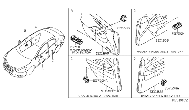 2016 Nissan Altima Switch Assy-Power Window,Main Diagram for 25401-3TA5A