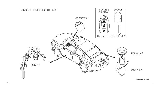 2016 Nissan Altima Key Set-Cylinder Lock Diagram for 99810-9HP0A