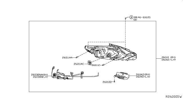 2015 Nissan Altima Driver Side Headlight Assembly Diagram for 26060-3TG0A