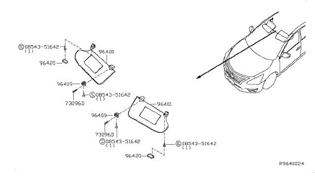 2017 Nissan Altima Right Sun Visor Assembly Diagram for 96400-9HT2A