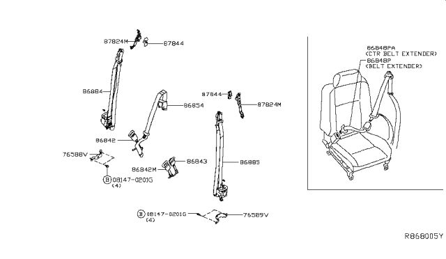 2019 Nissan Titan Front Seat Right Buckle Belt Assembly Diagram for 86842-EZ38A