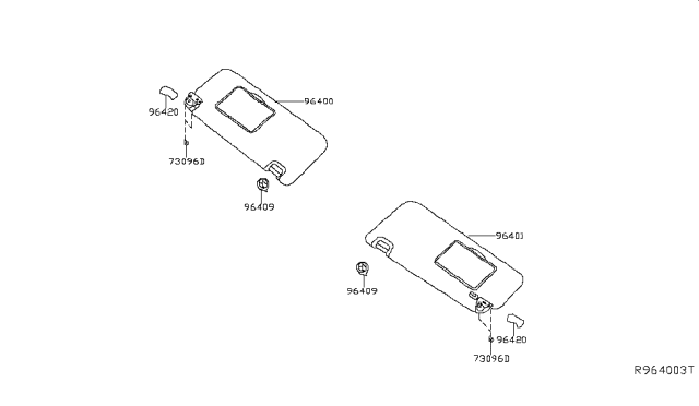 2017 Nissan Titan Passenger Side Sun Visor Assembly Diagram for 96400-9FT0B