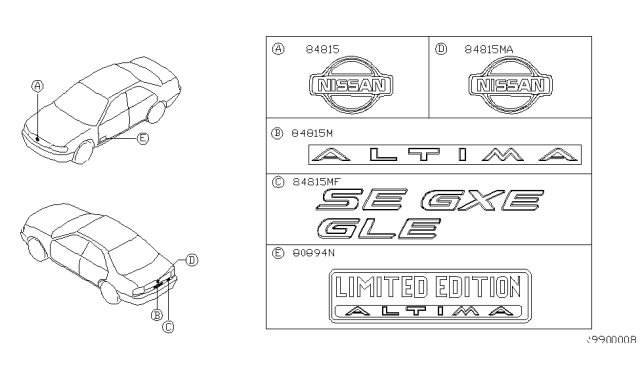 2001 Nissan Altima Emblem & Name Label Diagram