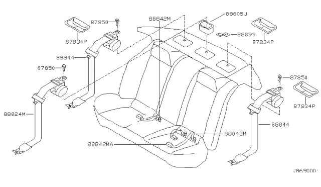 2000 Nissan Altima Rear Seat Buckle Belt Assembly Diagram for 88842-9E025