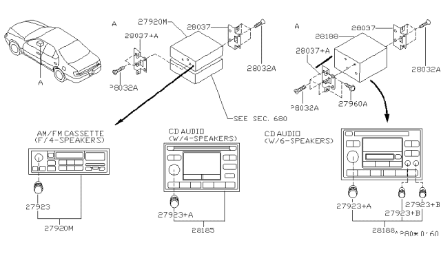 2000 Nissan Altima Radio Unit, W/CD & Cassette Diagram for 28188-0Z500