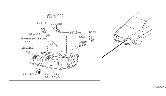 2001 Nissan Altima Headlamp Socket Assembly Diagram for 26250-0Z800