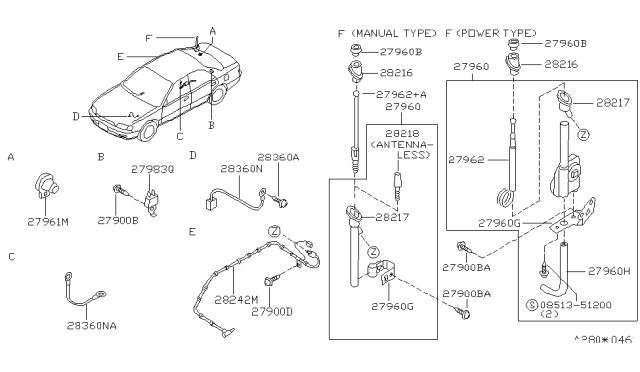 1999 Nissan Altima Antenna Assembly Diagram for 28200-9E001