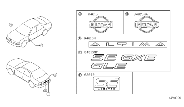 1998 Nissan Altima Emblem & Name Label Diagram