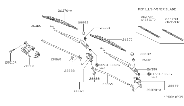 2000 Nissan Altima Windshield Wiper Blade Assembly Diagram for 28890-9E000