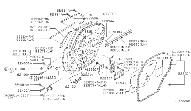 2001 Nissan Altima Weatherstrip-Rear Door,LH Diagram for 82831-0Z801