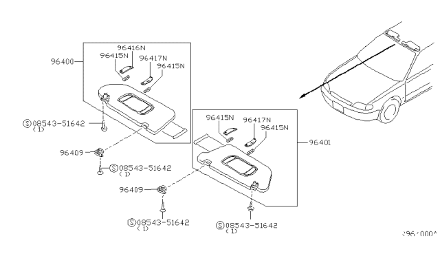 2000 Nissan Altima Right Sun Visor Assembly Diagram for 96400-9E112