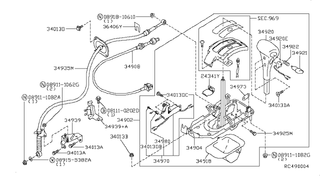 1999 Nissan Altima Transmission Control Device Assembly Diagram for 34901-9E105