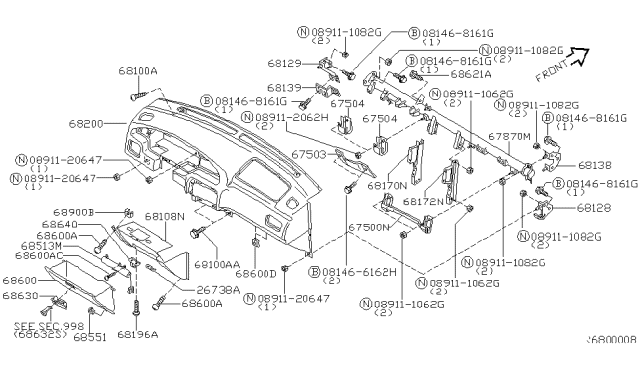 1999 Nissan Altima Panel & Pad Assy-Instrument Diagram for 68200-9E002