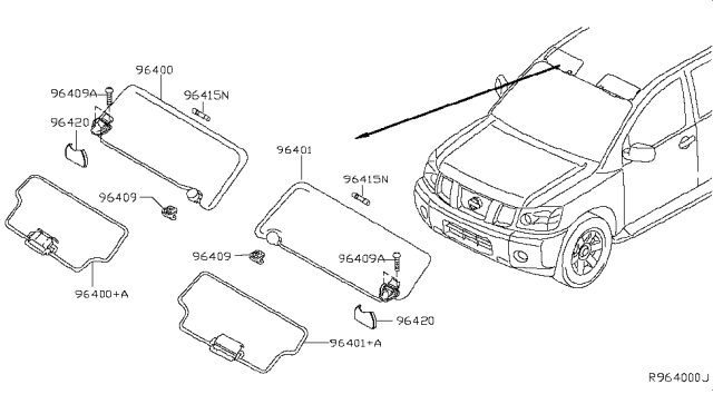 2008 Nissan Titan Left Sun Visor Assembly Diagram for 96401-ZR00B