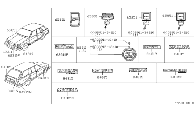 1984 Nissan Datsun 810 Front Emblem Diagram for 62390-W3200