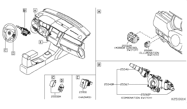 2008 Nissan Versa Switch Assy-Combination Diagram for 25560-EM30A