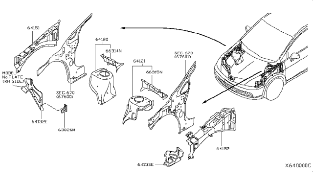 2007 Nissan Versa Sedan Hood Ledge & Fitting Diagram 1