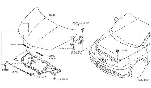 2011 Nissan Versa Sedan Hood Panel,Hinge & Fitting Diagram