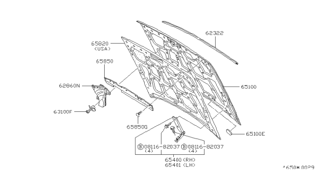 1983 Nissan Stanza Hood Assembly Diagram for 65100-D1030