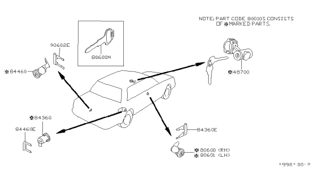 1985 Nissan Stanza Key Set Cylinder Lock Diagram for 99810-D2825