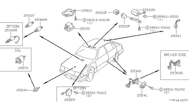 1985 Nissan Stanza Switch Assembly Door Diagram for 25360-D3000