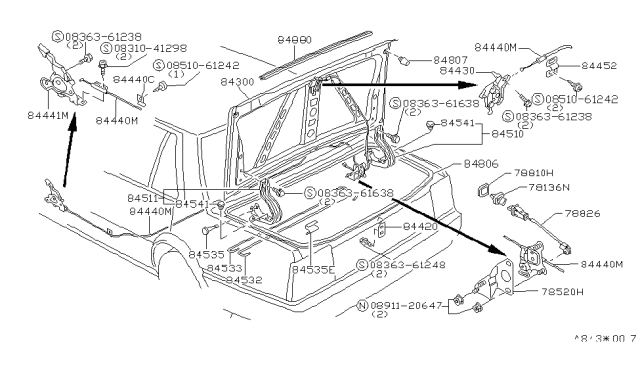 1986 Nissan Stanza Trunk Lid & Fitting Diagram