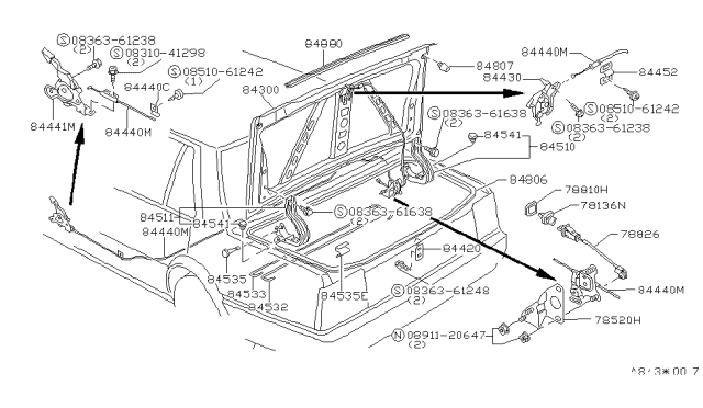 1983 Nissan Stanza Trunk Lid & Fitting Diagram