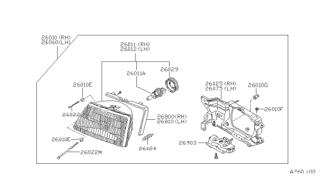 1984 Nissan Stanza Passenger Side Headlight Assembly Diagram for 26010-D3400