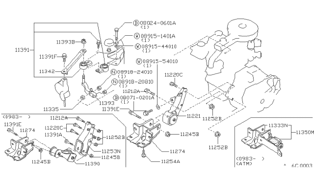 1983 Nissan Stanza Engine Mounting Buffer Assembly Diagram for 11361-D0100