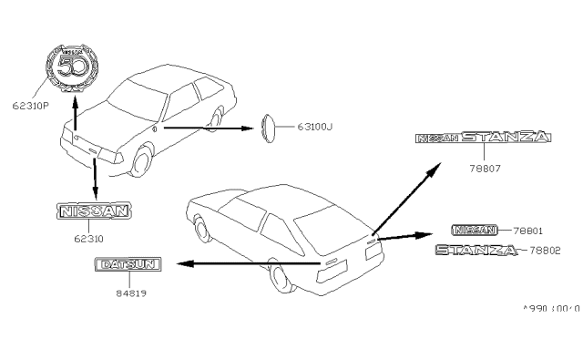 1982 Nissan Stanza Sedan Emblem & Name Label Diagram 1