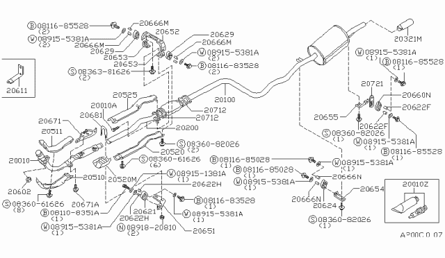 1984 Nissan Stanza Exhaust Tube & Muffler Diagram
