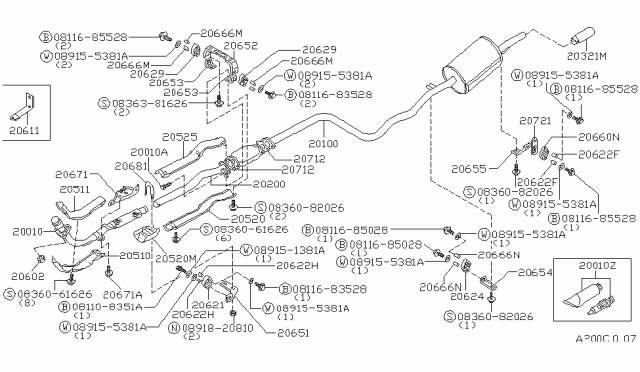 1986 Nissan Stanza Exhaust Tube Assembly, Front Diagram for 20010-D1610