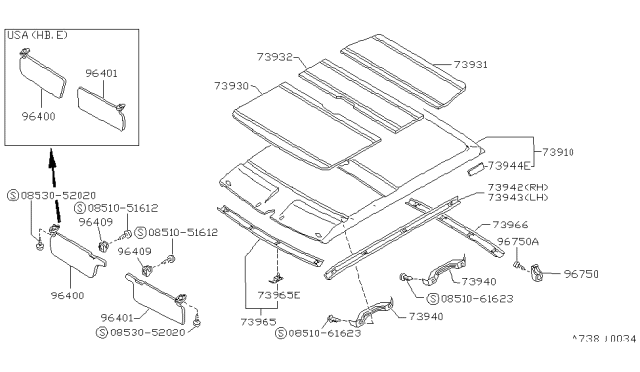 1987 Nissan Sentra Left Sun Visor Assembly Diagram for 96401-61A21