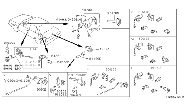 1990 Nissan Sentra Key Set-Cylinder Lock Diagram for K9810-60A05