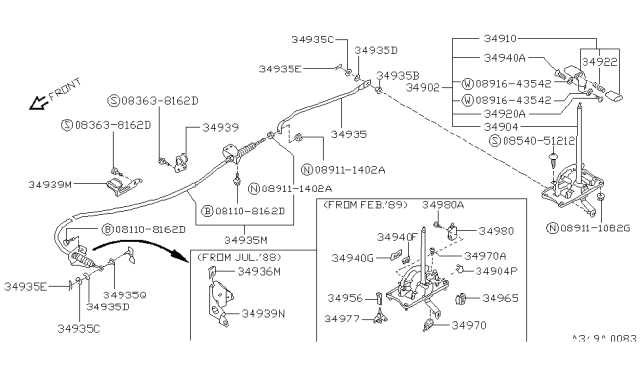 1989 Nissan Sentra Cable Control Diagram for 34936-51A00