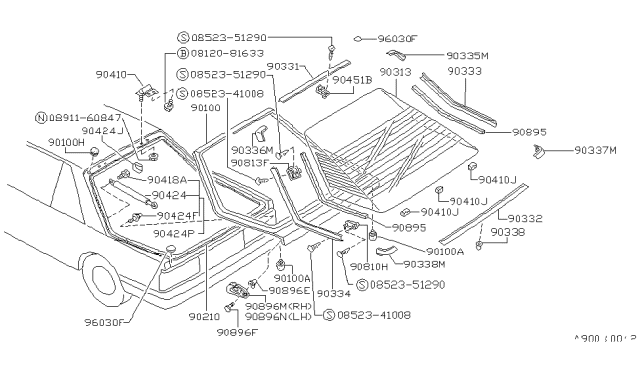 1989 Nissan Sentra MOULDING Back Door Upper Diagram for 90352-55A00